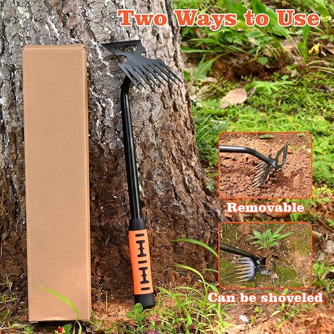 Portable Weed Removal Tool - 8-Prong Manganese Steel with Black Baked Rust-Proof Coating for Garden Lawn Farm, Non-Slip Rubber Handle