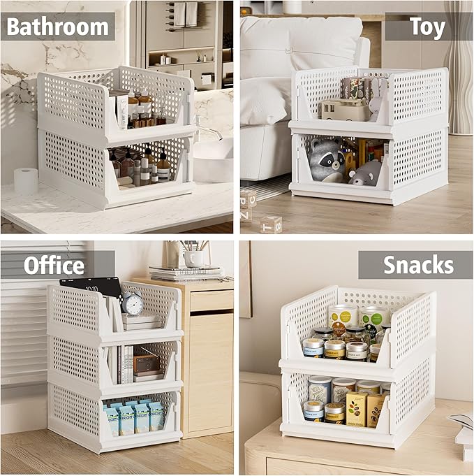Proarea 5 Pack Stackable Storage Bins, Closet Organizers and Storage, Foldable Closet Organizer Baskets for Clothes, Plastic Drawer Bins for Closet Organization, Wardrobe Shelf, Laundry Room, White
