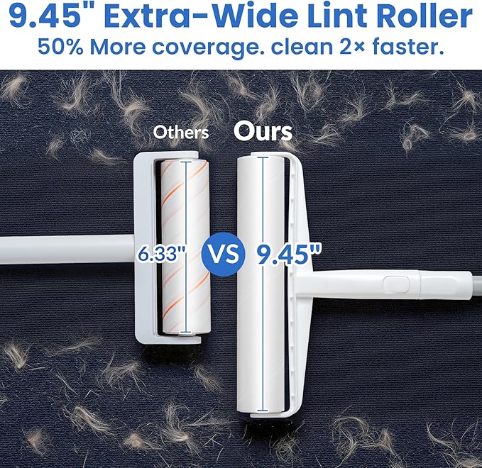 Large Lint Roller for Floors Carpet Furniture Bed – 9.45" Wide Extra Sticky Pet Hair Remover, 4 Refills 360 Sheets Value Pack, Long Handle for No-Bending Cleaning –Ideal for Dog Cat Owners Homes