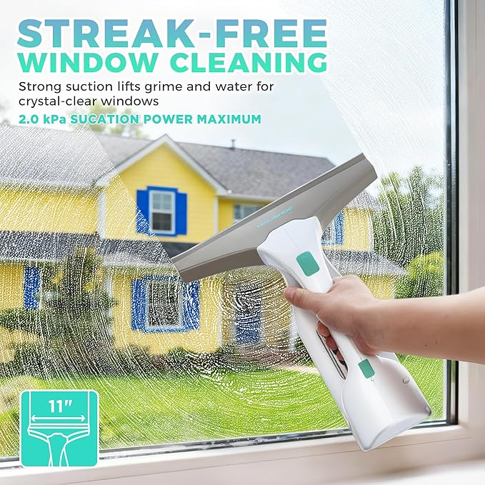 HAUSHOF Electric Window Vacuum Squeegee 11", Vacuum Squeegee Cordless Cleaner Tool Set, Window Vac with 300ml Spray Bottle & 100ml Water Tank for Mirror, Countertop, Showers