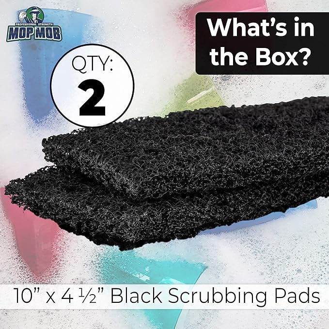 Heavy Duty XL Black Scouring Pad 2 Pack. 10 x 4.5in Large Multipurpose Nylon Scrubbing Sponges. Clean Bathrooms, Kitchens, Counters and Floors to Erase Grime and Make Surfaces Sparkle