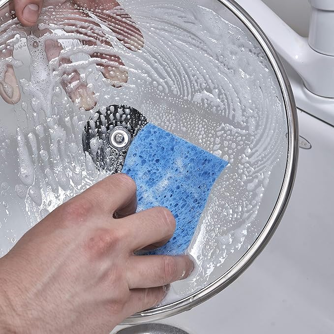 Superio Non-Scratch Cellulose Sponge Scrub (12-Pack) Heavy Duty Kitchen Sponges Scrubbers with Scouring Pad (Blue)