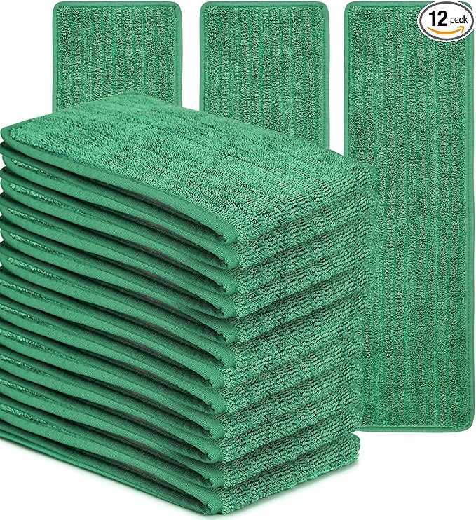 Matthew 18'' Microfiber Mop Replacement Pads for Wet Dry Reusable Mops Floor Home Commercial Cleaning Refills, Machine Washable Compatible with Bona Mop&Any Microfiber Flat Mop System Green (12 Pack)