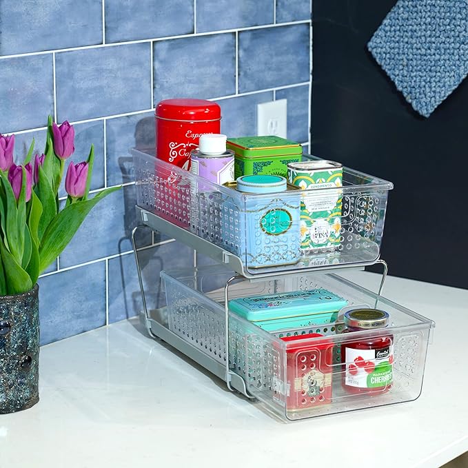 madesmart 2 Tier Organizer, Under Cabinet Storage with Pull Out Sliding Drawers, for Cleaning Supplies, Undersink, Sponges, Bottles & Bath, Adjustable Dividers & Pull Out Baskets, Grey