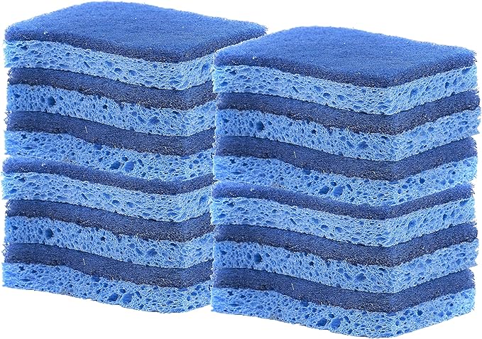 Superio Non-Scratch Cellulose Sponge Scrub (12-Pack) Heavy Duty Kitchen Sponges Scrubbers with Scouring Pad (Blue)