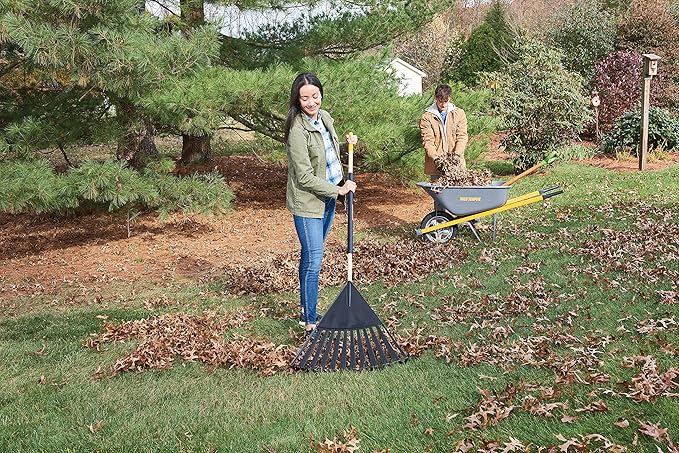 True Temper 20212010 Clog Free Leaf Rake with Hardwood/Steel Handle, 24 in. for Leaves, Grass, Clippings, Twigs, Pine Needles, Acorns, Debris, Black